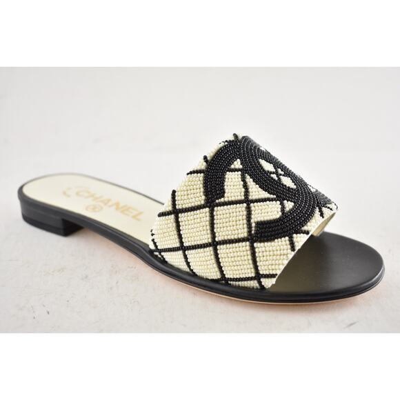 Chanel 20P Black White Pearl Embroidery CC Logo Slide Slip Sandal Mule Flat 35 - Picture 6 of 16